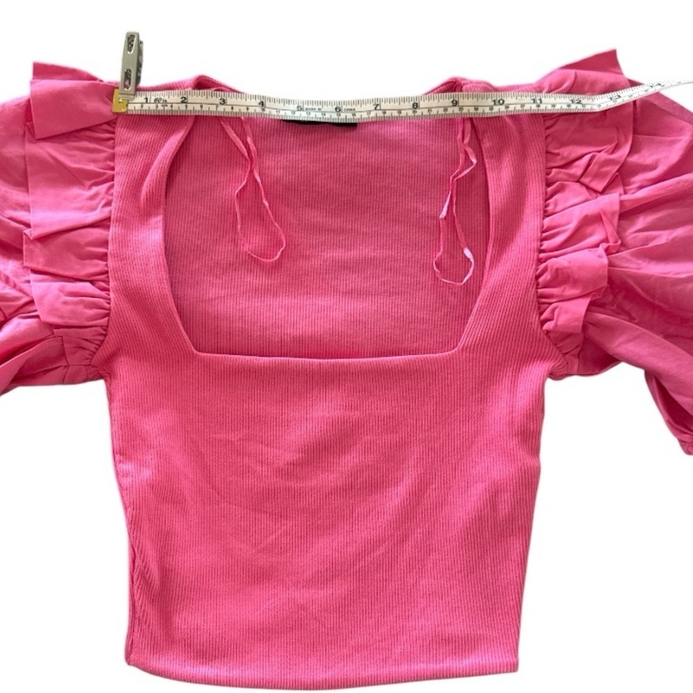ZARA Pink Puff Balloon Sleeve Ribbed Crop Top Sz S Ruffle Feminine - Picture 3 of 12